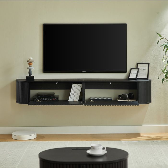 MEUBLIV Meuble TV mural 180 cm noir 2 portes passe-câbles intégré rangement fermé charge 50 kg