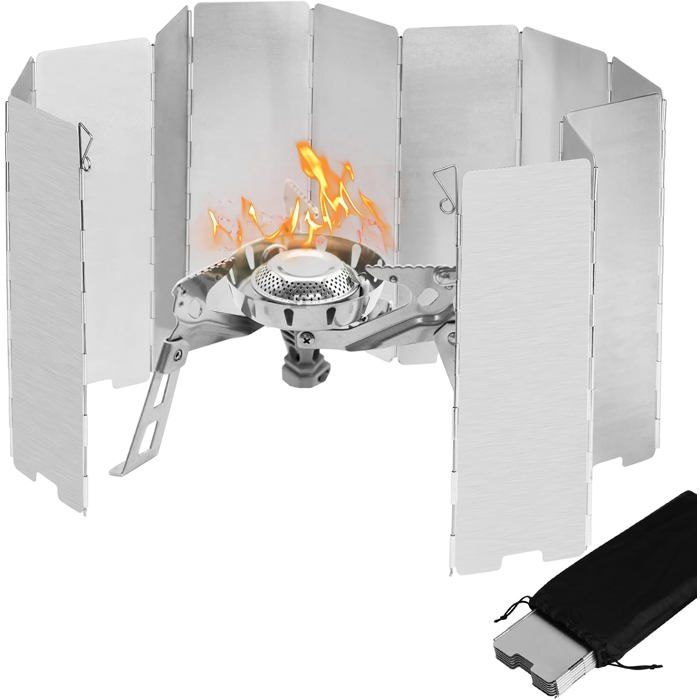 Lot de 12 plaques pare-vent pliables en aluminium - réchaud camping portable avec sac de rangement pour pique-nique