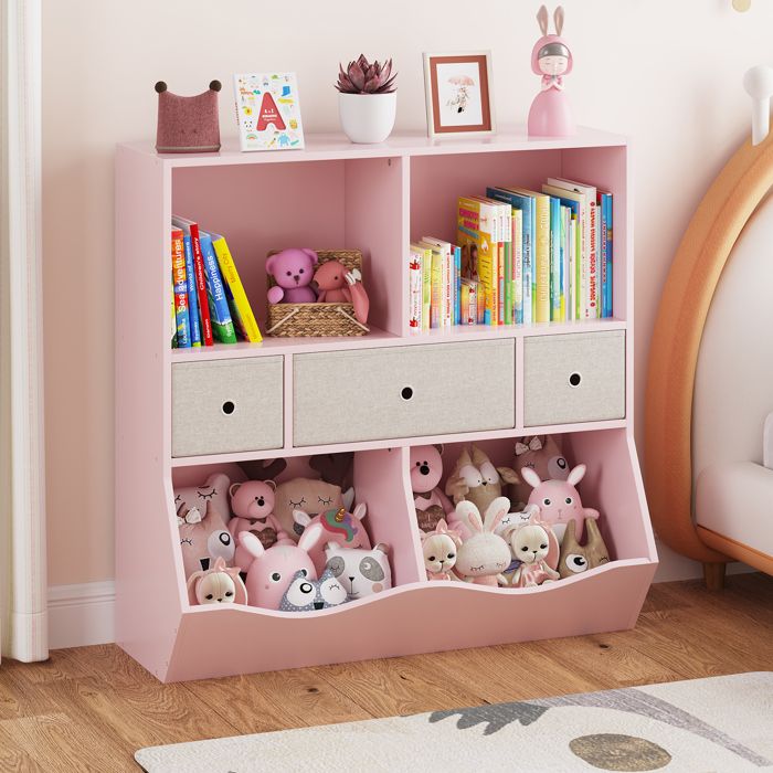Koioplie Bibliothèque enfant et meuble rangement jouets 3 tiroirs amovibles étagère 7 casiers pour chambre salle de jeux Rose