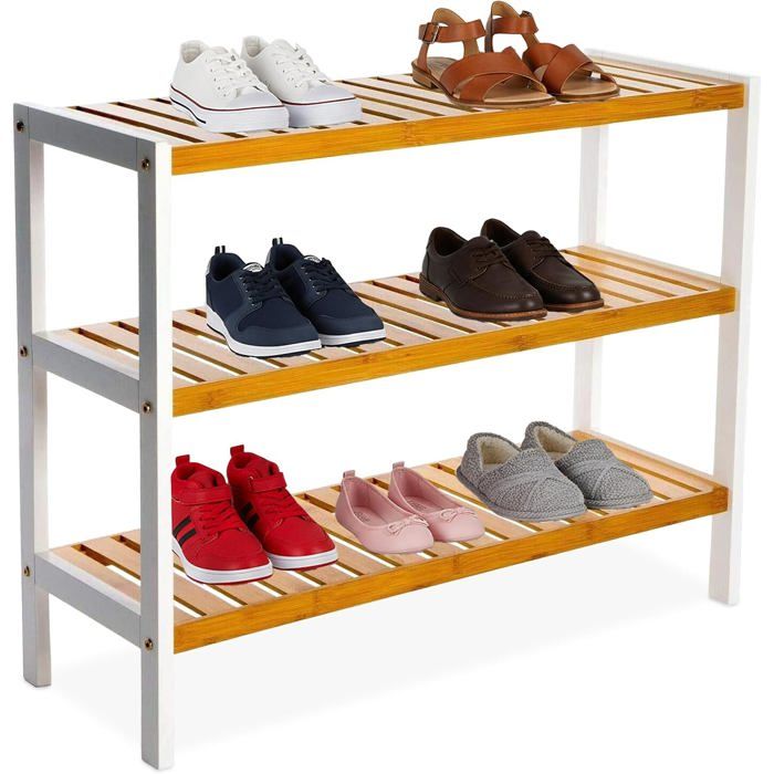 Étagère À Chaussures H X L X P : 55 X 70 X 26 Cm Bambou 3 Niveaux 9 Paires Naturel/Blanc