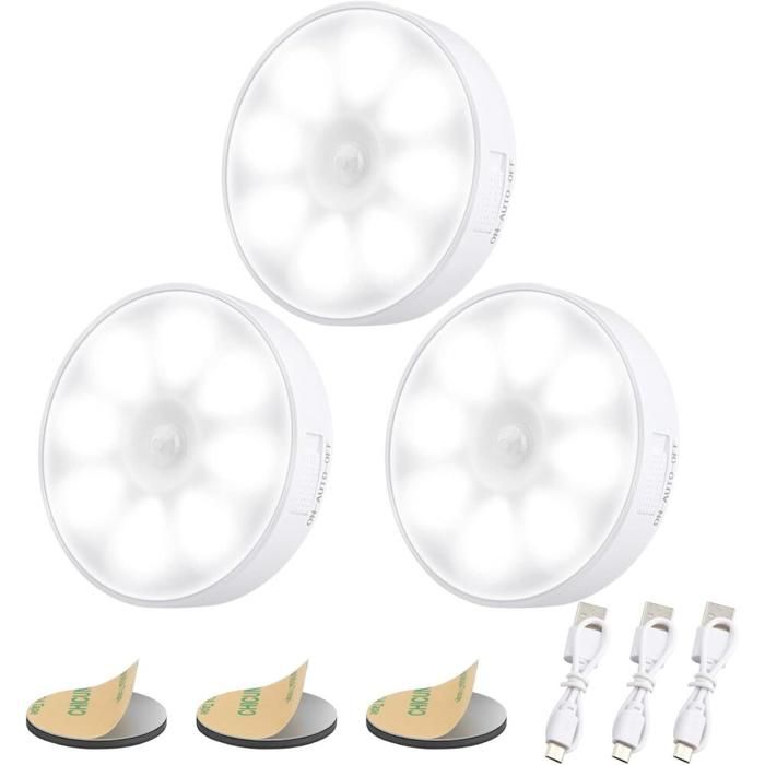 Veilleuse LED à Induction Rechargeable par USB[Lot de 3] LED Automatique 6000K & 8 LEDs & Batterie 400mAh