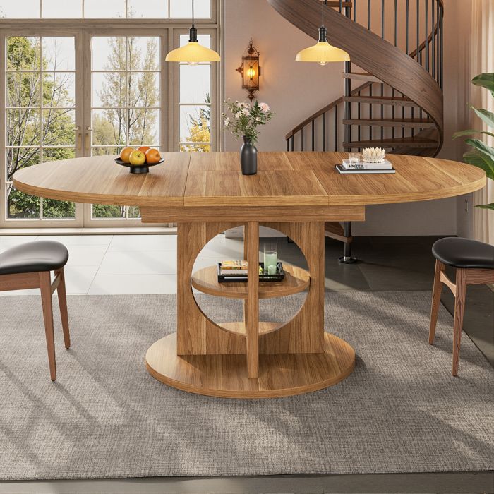 Table à Manger Extensible Ronde/Ovale 110-150 cm avec Rangement MDF et Métal Effet Bois Table à Manger Extensible Ronde/Ovale 110-150 cm avec Rangement MDF et Métal Effet Bois