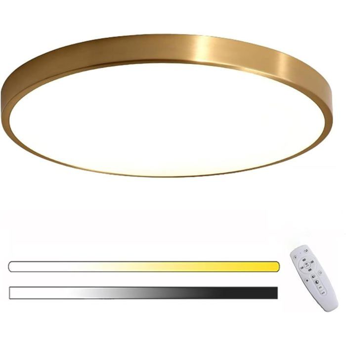 Plafonnier LED chambre - Luminaire rond dimmable doré de 30 cm avec télécommande pour salon et salle de bains