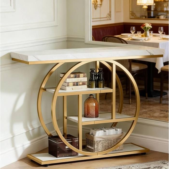 Table Console Industrielle à 4 Niveaux Or et Blanc - 105x30x80 cm Meuble dEntrée Salon