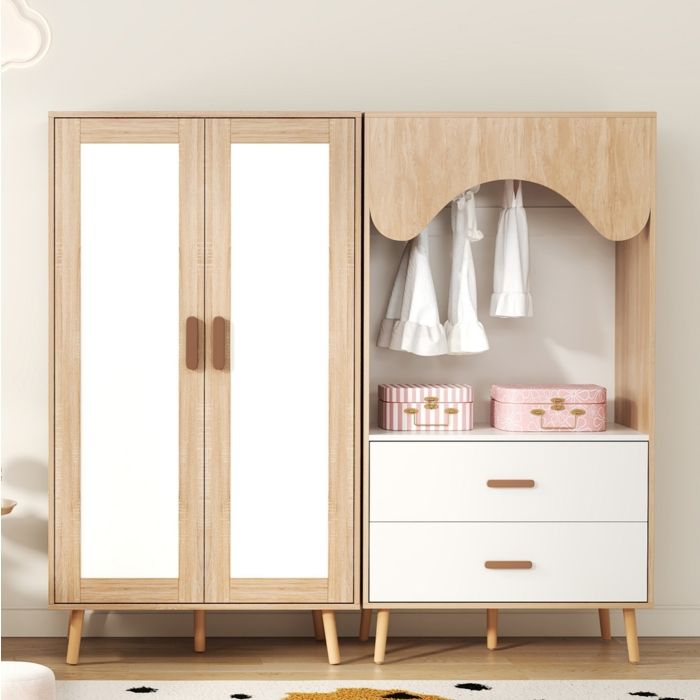 Ensemble darmoires enfant avec armoire 2 portes 80 x 46 x 141 5 cm penderie ouverte 2 tiroirs blanc et bois TYNQER