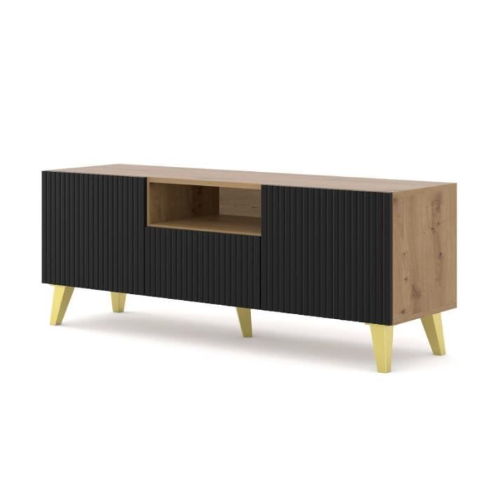Meubles TV - AC-Déco - Meuble TV à 2 portes + 1 tiroir avec pieds doré Ravenna - Beige/Noir - L 150 cm Meubles TV - AC-Déco - Meuble TV à 2 portes + 1 tiroir avec pieds doré Ravenna - Beige/Noir - L 150 cm