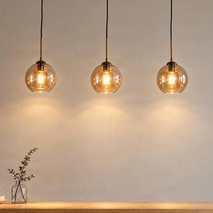 Suspension - Lindby - lampe suspendue - Verre - 100 x 20 x 20 cm - ambre laiton ancien