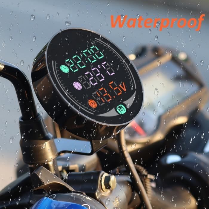POFET Compteur Moto 5 En 1 - Thermomètre Numérique + Voltmètre + Horloge + USB Charge Rapide Pour Moto Et ATV