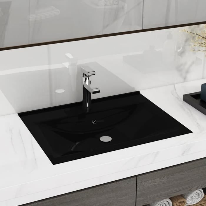 Qualité luxe© | Vasque à poser & Lavabo pour WC & Élégante et résistante & à poser en céramique noir perçage pour la robinetterie 60