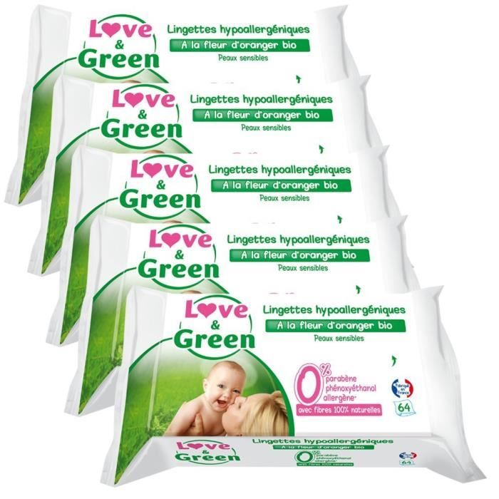 Love & Green Lingettes Hypoallergéniques Fleur d'Oranger Bio 64 Pièces -  Lot de 5 - Cdiscount Puériculture & Eveil bébé