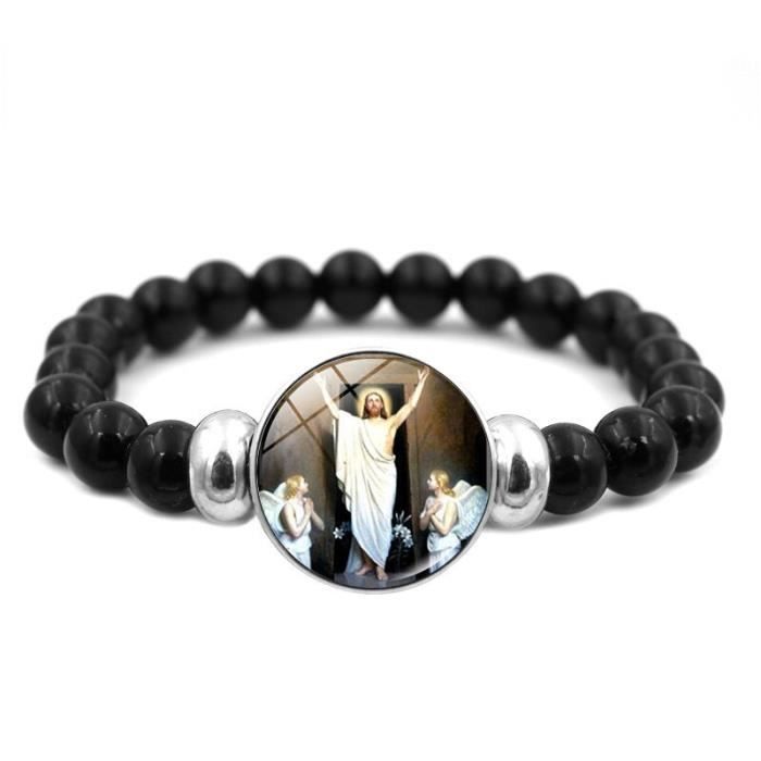 Bracelet à brins de perles noires de jésus chrétien bijoux élastiques