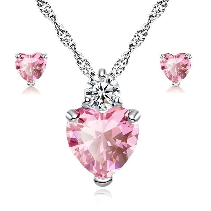 Parure Bijoux - Femme - Coeur - Cristal - Couleur - Rose - Argent 925/1000 - 4 Pièces