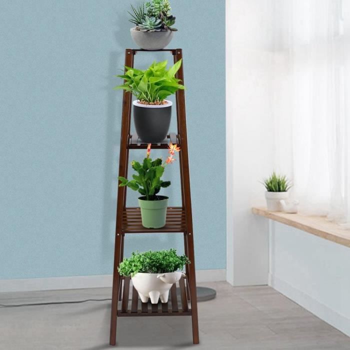 Étagère à Plantes 4 Niveaux En Métal Et Bois - Support D'angle 52,5 Cm Pour Intérieur, Balcon, Salon (noir)