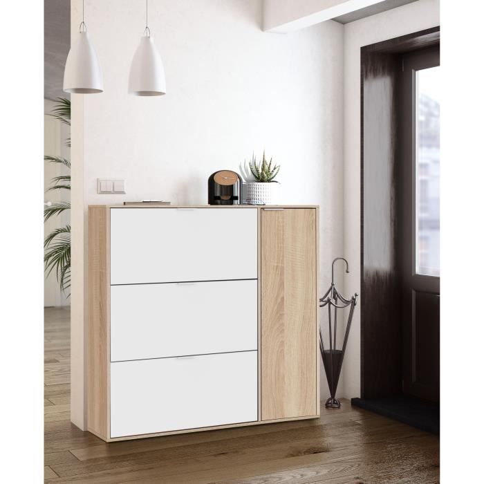 Meuble à chaussures - DMORA - Trois abattants et une porte - Blanc et chêne - Capacité 30 paires Meuble à chaussures - DMORA - Trois abattants et une porte - Blanc et chêne - Capacité 30 paires