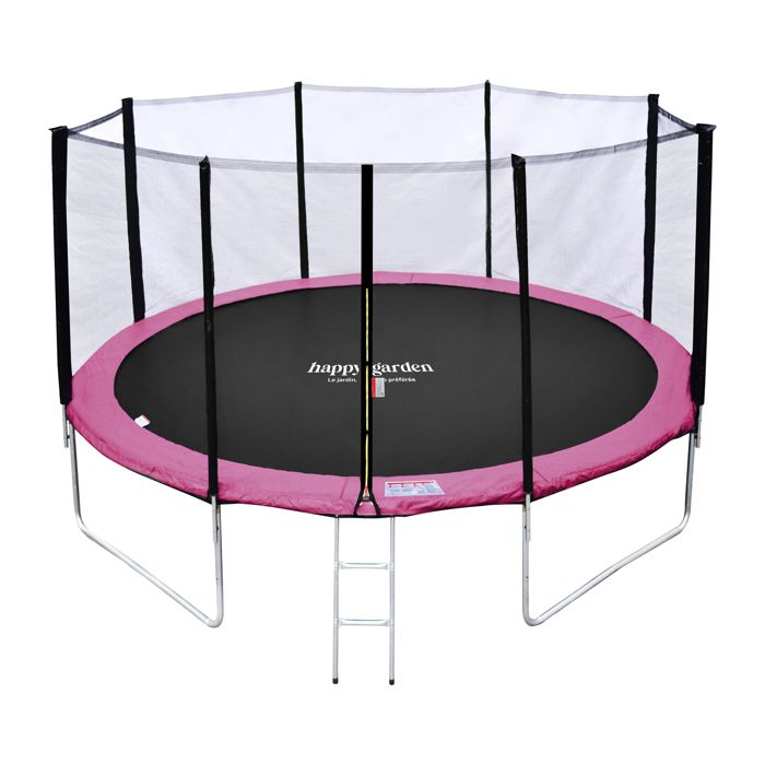 Pack Premium Trampoline 370cm r&eacute;versible rose / gris PERTH + filet, &eacute;chelle, b&acirc;che et kit d'ancrage