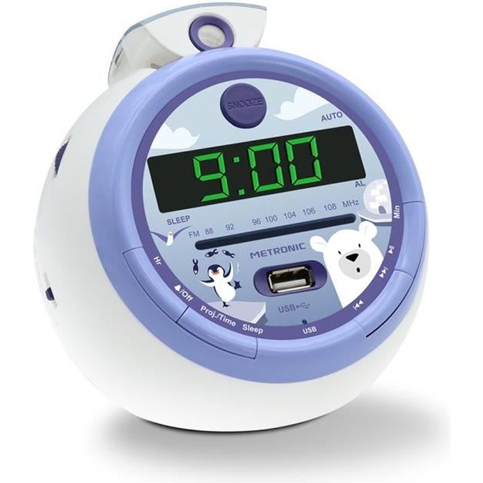Radio-réveil enfant METRONIC Iceberg - FM USB - projection de l'heure - double alarme