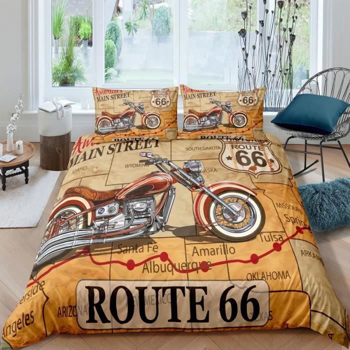 Route 66 américaine moto vintage Parure de lit 3 pieces 1 housse de couette 220*240cm et 2 taies d'oreillers 63*63cm