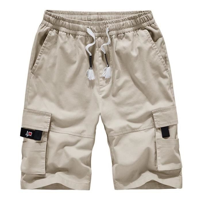 Short Cargo 3/4 Homme – Coupe Décontractée En Coton, 7 Poches, Taille Élastique – Pour Randonnée, Course Et Plein Air