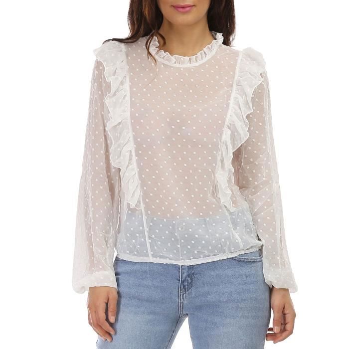 Blouse blanche plumetis a volants Blanc Cdiscount Pret a Porter