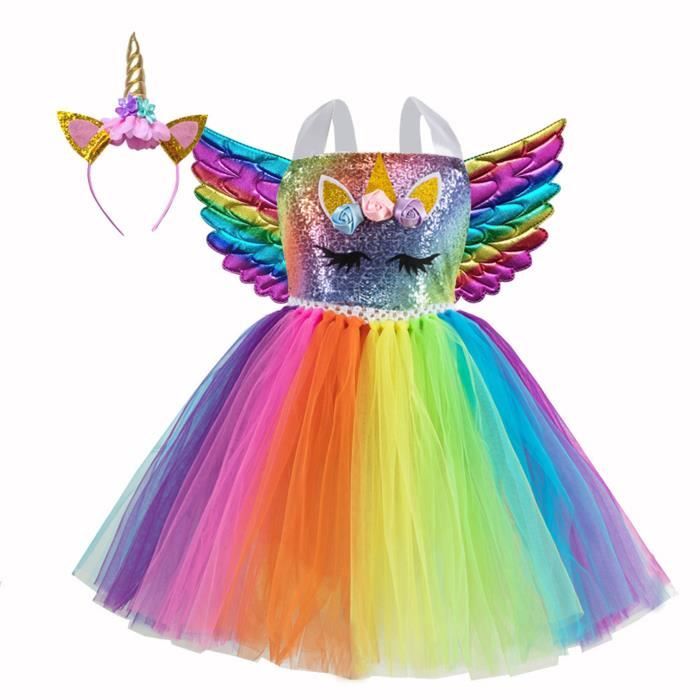 Robe Fantaisie Princesse Licorne Colorée,Robe + Bandeau,Costume De Baptême,Vêtem