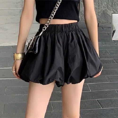 Vetements lingerie Short bouffant taille haute pour femme pantalon court decontracte noir uni blanc jambe large Black A1088
