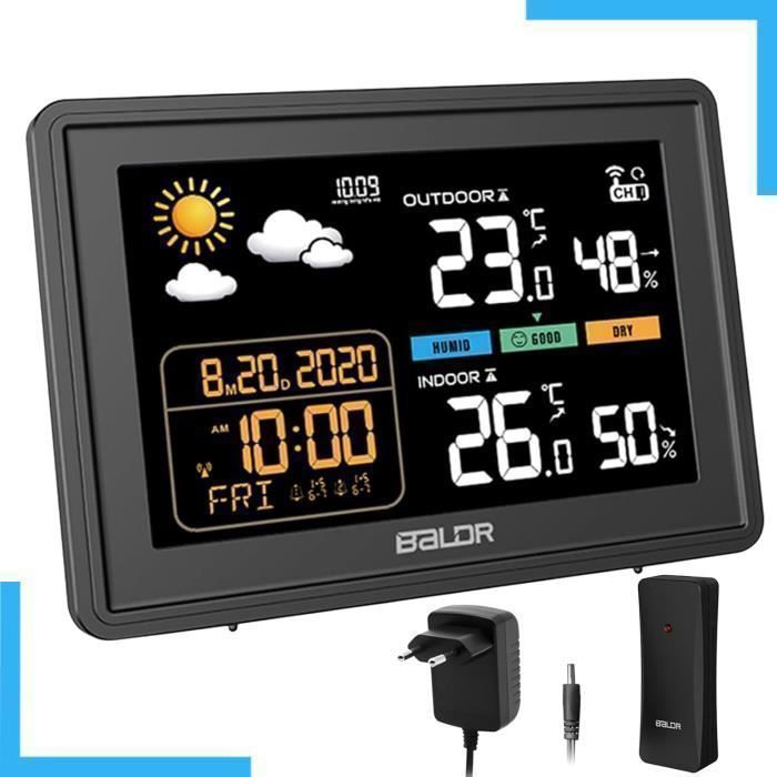 ADE Station Météo Numérique Sans Fil Avec Capteur Extérieur – Thermomètre Intérieur/Extérieur Précis, Horloge Radio Pilotée, Calendrier En Français, Design Élégant Blanc