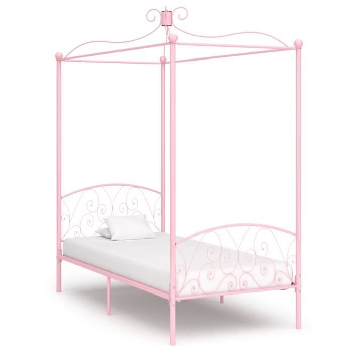 lit à baldaquin rose métal 90 x 200 cm - ovonni - classique - intemporel - a lattes - 1 personne