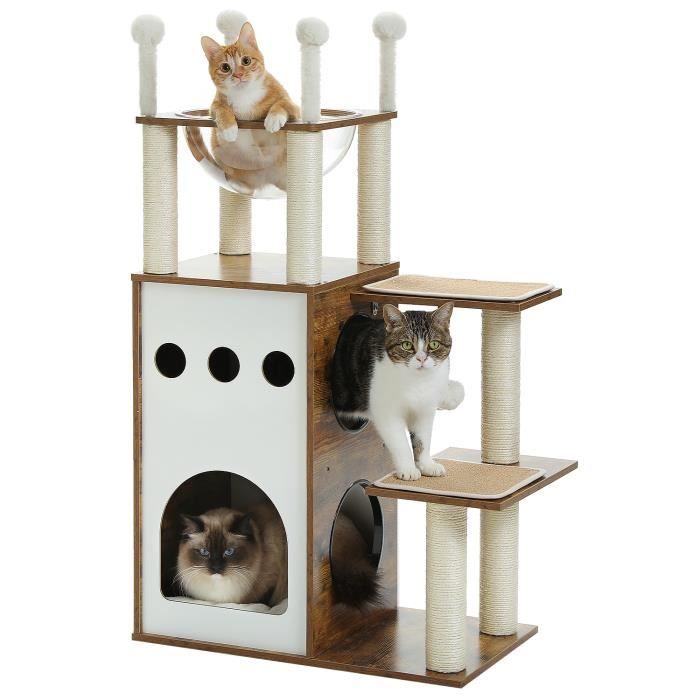 Meilleurs prix pour PAWZ Road Arbre a Chat en Bois de 108cm 2 Etages, Arbre à Chat avec Griffoirs, Capsules Acrylique et Pompon, Marron