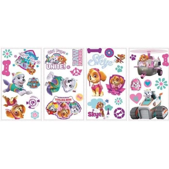 ROOMMATES Lot de 30 stickers PAT PATROUILLE CHIOT STELLA & EVEREST repositionnables 4 feuilles de 10,1cm x 44,1cm