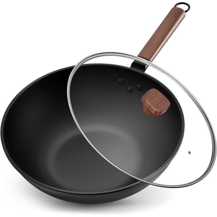 33 Cm5,6L Wok En Acier Au Carbone Avec Couvercle Sans Revêtement Chimique Cuisiner Des