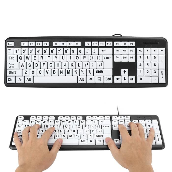 Clavier basse vision, clavier pour personnes âgées filaire USB avec touches  blanches à gros caractères, clavier à grandes touches, clavier filaire  compact portable pour ordinateur portable/PC(Noir) : : Informatique