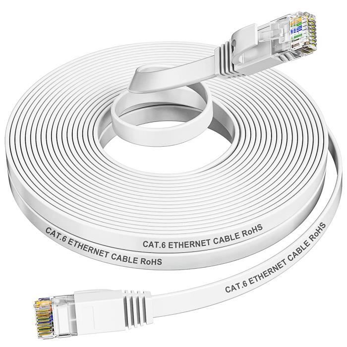 Cat6 Cable RJ45 15m Plat Cable 15m Blanc, Gigabit Cable
