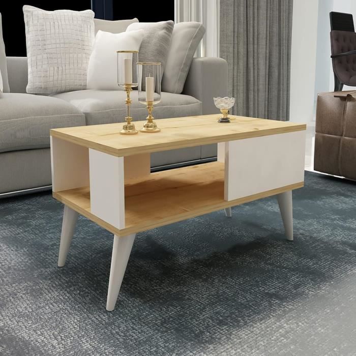 Table Basse Design Rectangulaire En.casa - Blanc 80x45cm Avec étagère De Rangement