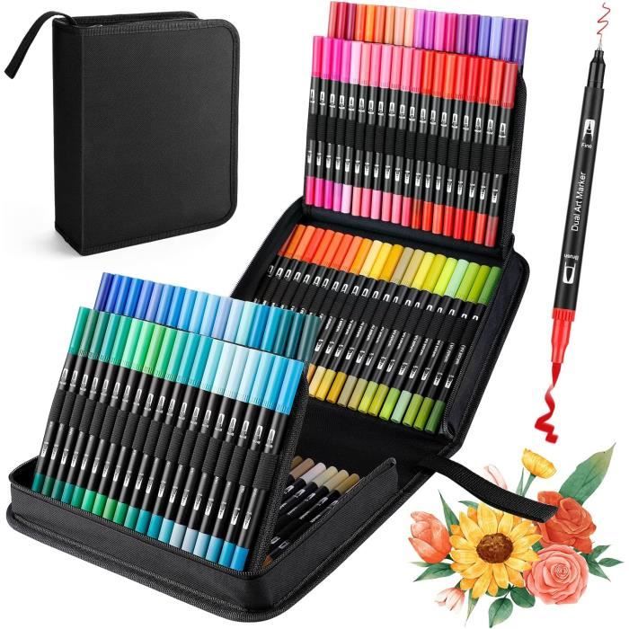 Maqhpu Feutres Aquarelle Double Pointe – 24 Couleurs Vibrantes, Fine + Pinceau, Idéal Coloriage Adulte Enfant Bullet Journal Calligraphie