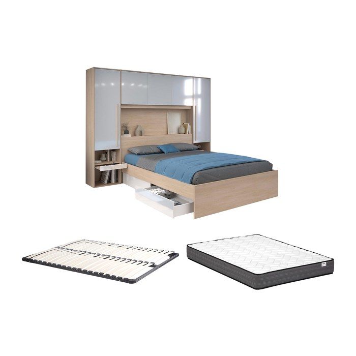 Lit pont 140 x 190 cm avec rangements - avec LEDs - Coloris : Naturel et blanc brillant + Sommier + Matelas - VELONA