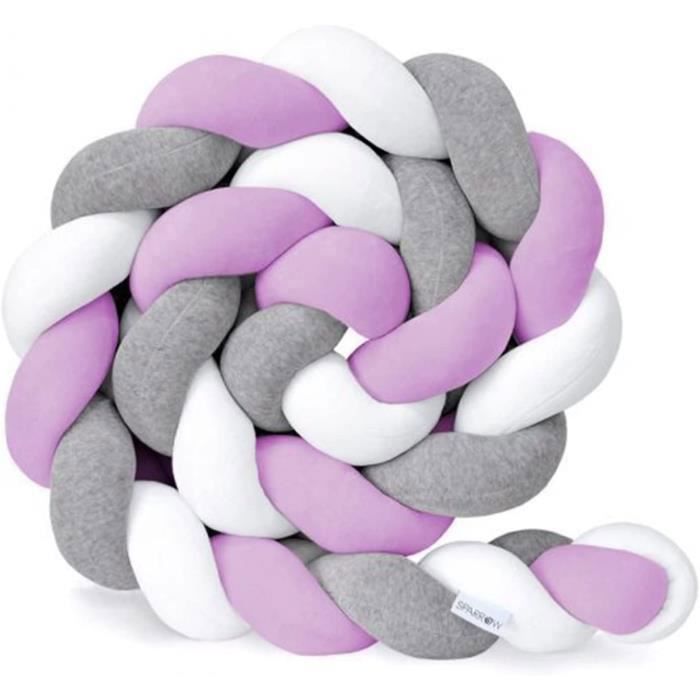 3M Tour de lit coussin Serpent Coussin Tressé pare-chocs Velours Tour de Canapé Souple 100% Fait à Main (Gris+Blanc+Violet)