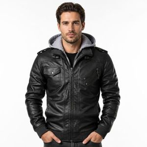 Veste Longue En Cuir Noir Avec Capuche - Taille 38 - Occasion Très Bon état