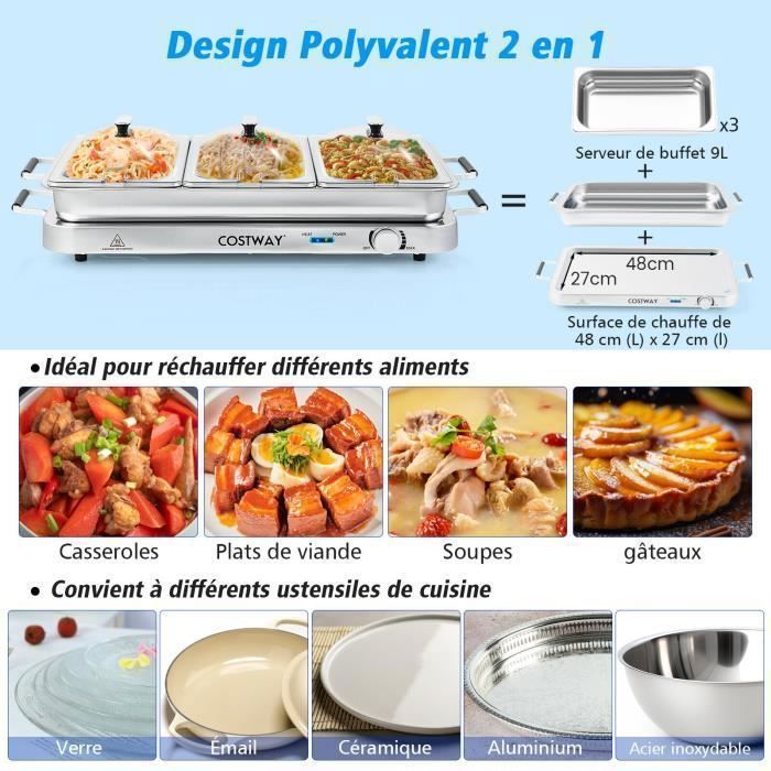 Chauffe Plat Électrique COSTWAY - Plateau En Verre Trempé 40x30 Cm - Température Réglable 3 Niveaux - Pour Buffets Et Fêtes