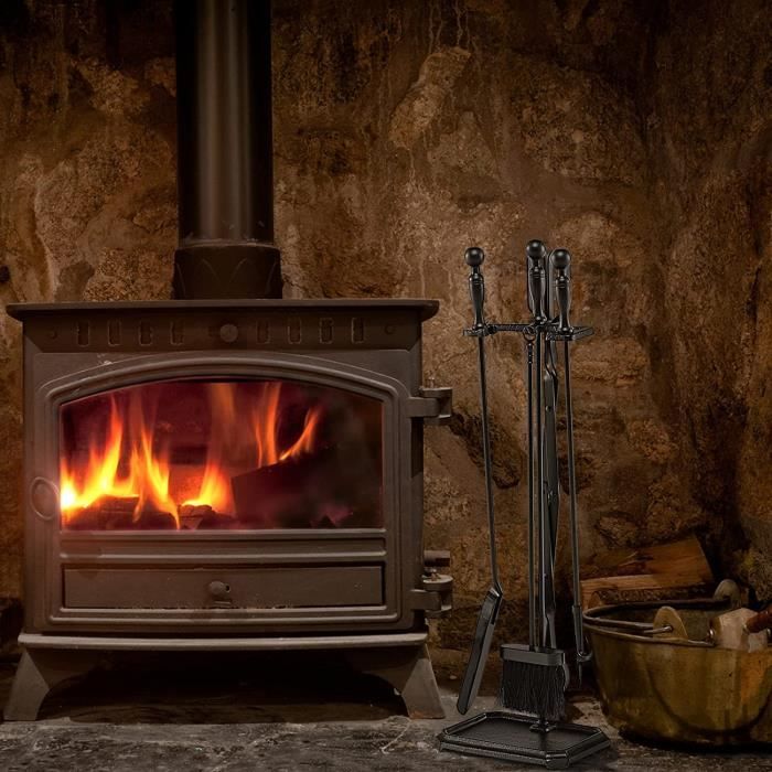 Relaxdays Serviteur de cheminée, moderne, 5 pièces : tisonnier, pelle à  cendres, balai, pince et support, gris/argenté