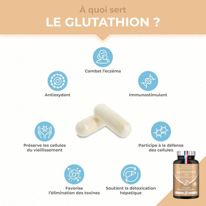 GLUTATHION réduit à 98% avec précurseurs + vitamine C - Antioxydant,  illuminateur de peau, renforce l'immunité - 90 gélules de - Cdiscount Santé 