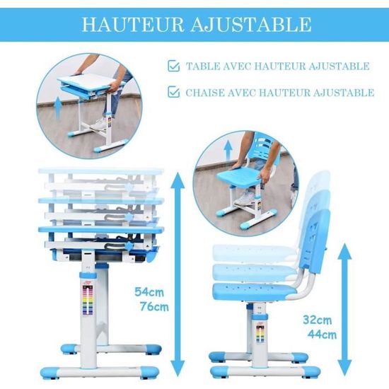 Bureau Enfant Réglable En Hauteur COSTWAY - Avec Plateau Inclinable, Étagères Et Tiroir - 80kg Max, 3-12 Ans