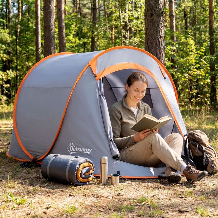 Tente Camping Outsunny 2-3 Personnes - Pop-up Instantané - 245x148x105cm - Sac Transport Inclus - Gris