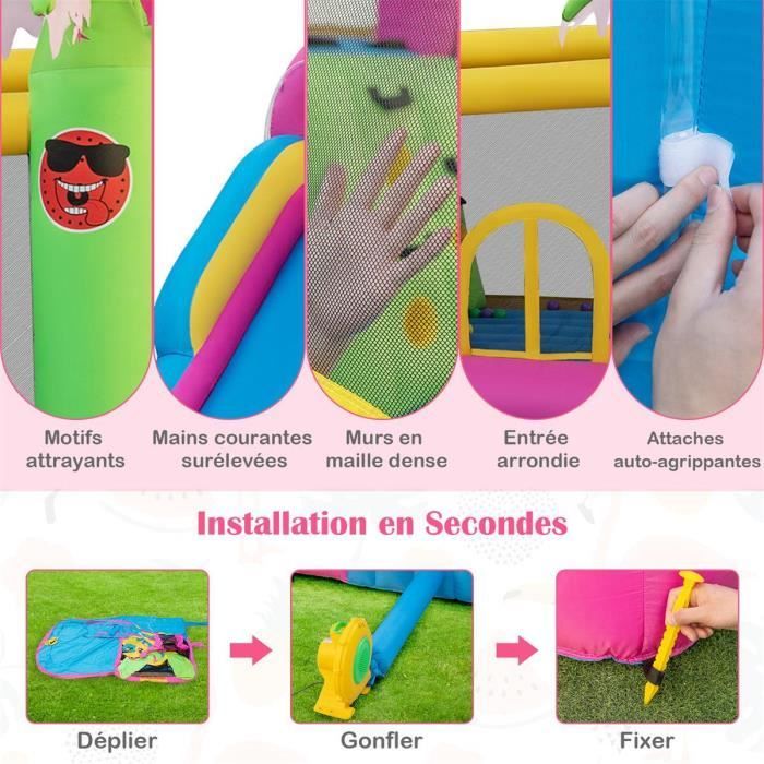 Château Gonflable COSTWAY Thème Hiver – Toboggan, Piscine à Balles, Panier De Basket – 680 W Souffleur Inclus – 3-10 Ans – 135 Kg Max