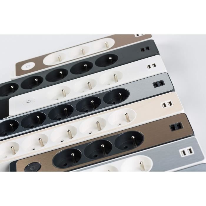 Rallonge Multiprises 5 Prises 2P+T Blanche Finition Aluminium Brossé 2 ...