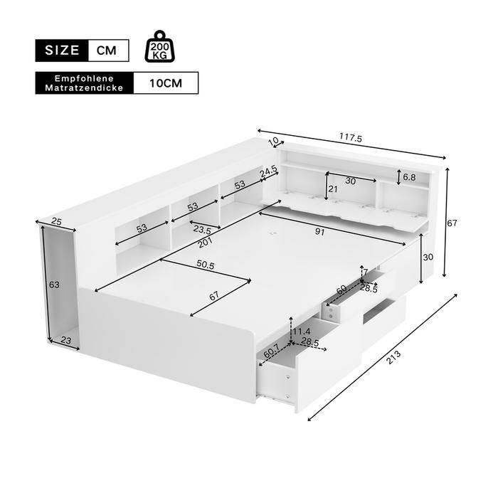 Lit Enfant Multifonctionnel Avec Tiroirs, Bibliothèque Et Armoire - Cadre Plateforme Blanc 90x200 Cm (sans Matelas)