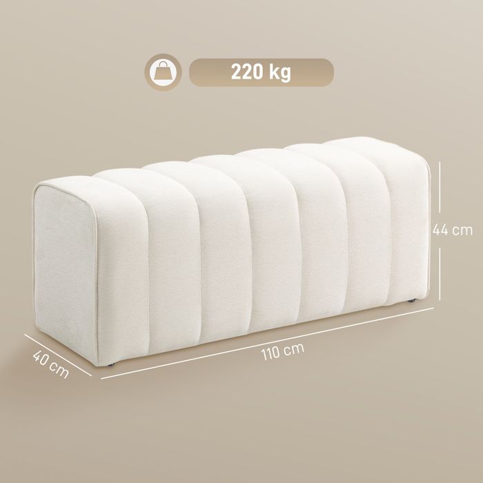 Banc Rembourré HOMCOM 120x41x43 Cm - Tissu Lin, Pieds En Bois, Capacité 120 Kg - Pour Chambre, Salon, Couloir (Créme)