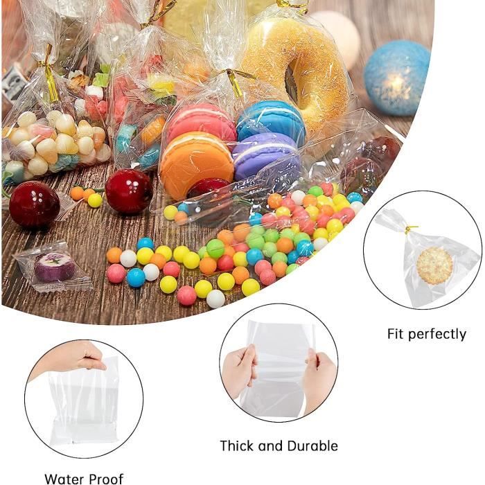 Sachet Bonbon 200 Pcs Sac Plastique Transparent avec Liens