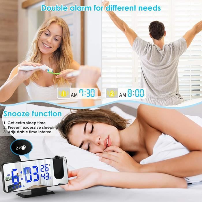 Réveil à Projection LED - Horloge Numérique Avec Miroir, Affichage Multifonction - Pour Bureau, Chambre, Sans Piles Incluses - 6
