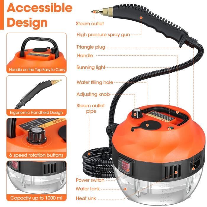 Nettoyeur Vapeur Portable 2500W - Réservoir 1,2L, 6 Accessoires, 9 Vitesses - Pour Sol, Canapé, Salle De Bain, Voiture - 3