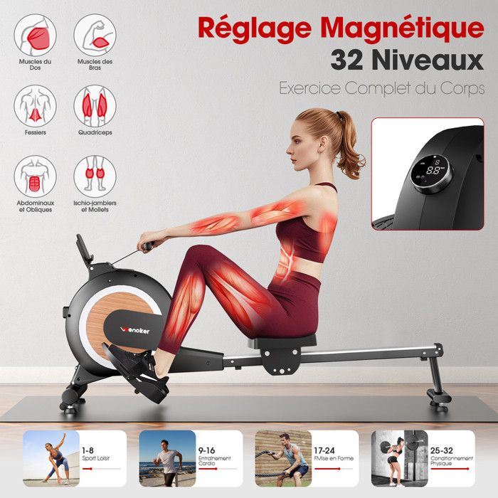 Rameur Pliable Pour Salle De Sport à Domicile Avec écran LCD, 16 Niveaux De Résistance Magnétique Pour Entraînement Complet Du Corps, Volant D'inertie Amélioré, économie D'espace